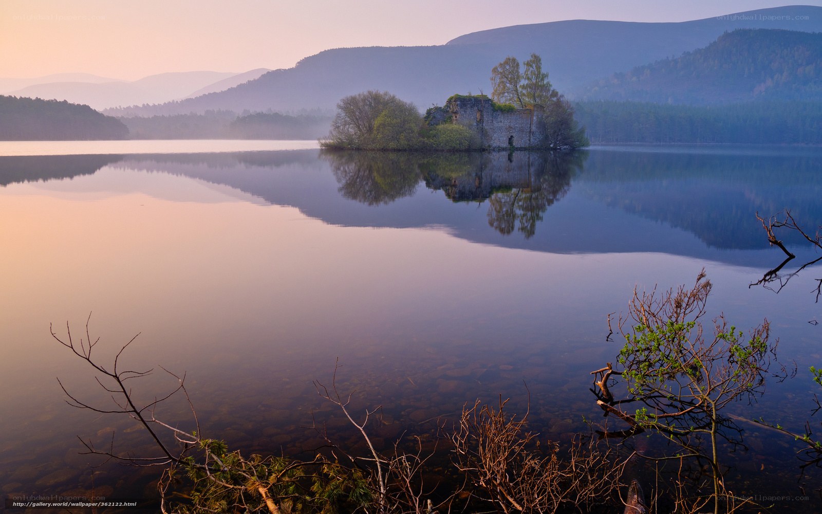 Castle ruin on a lake at dawn