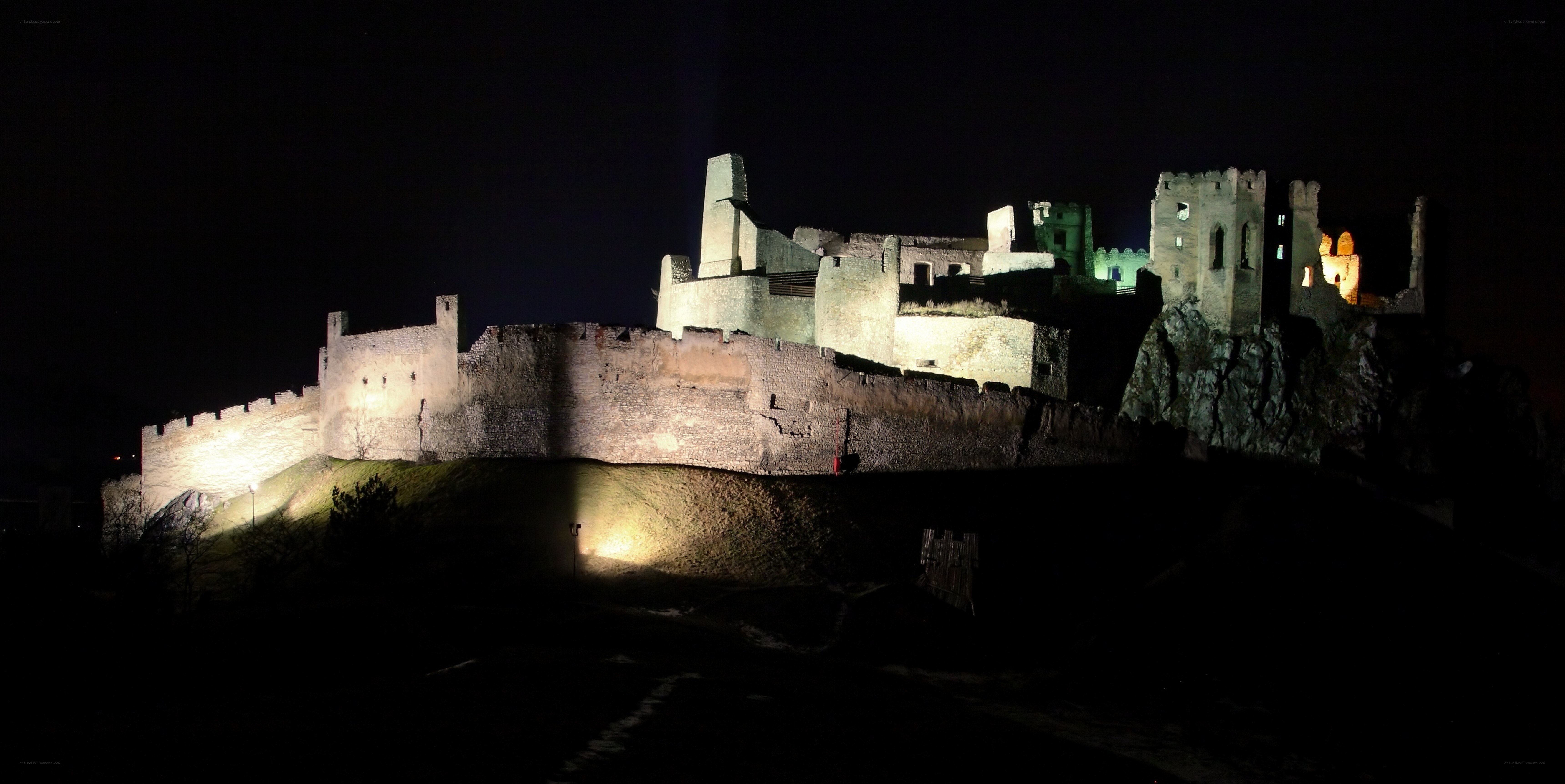 castle ruins at night