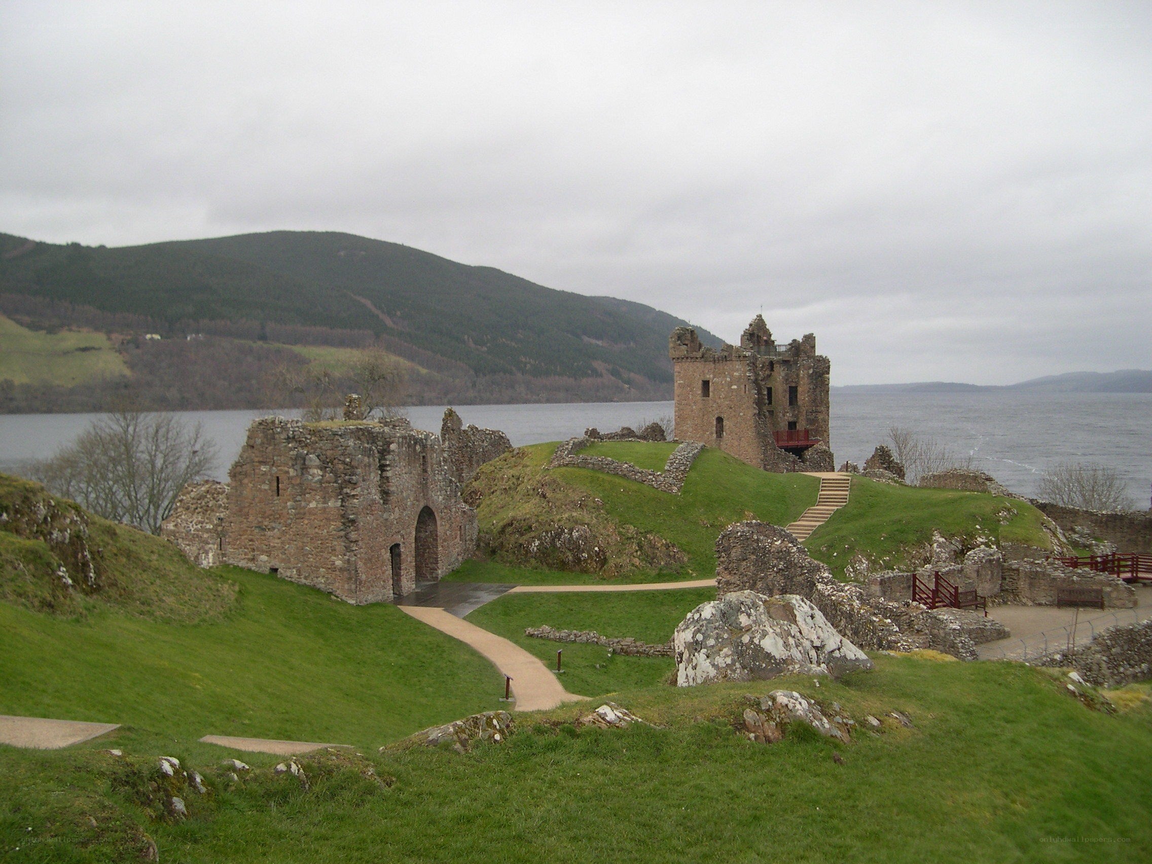 Castle ruins by a lake