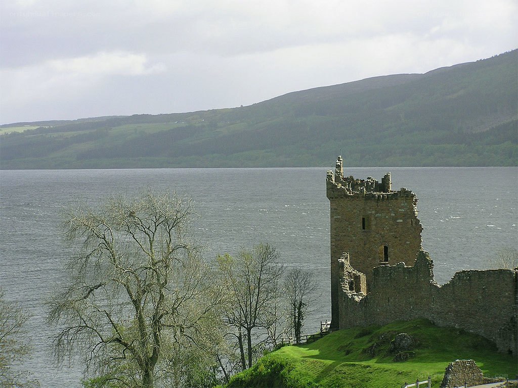 Castle ruins by a lake