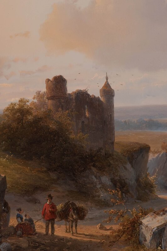 Castle ruins with travelers