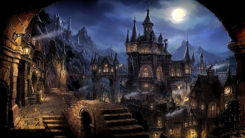 Castle Town at Night — Blue, Dramatic, Digital Art, Moon