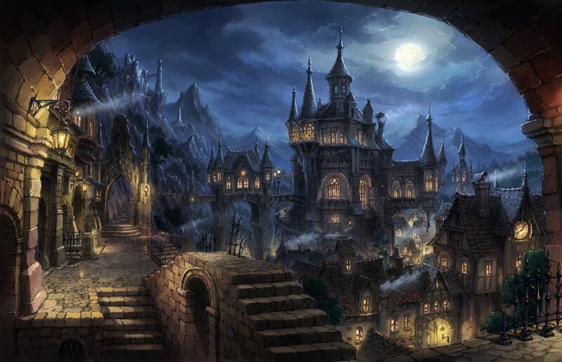 Castle Town at Night — Blue, Dramatic