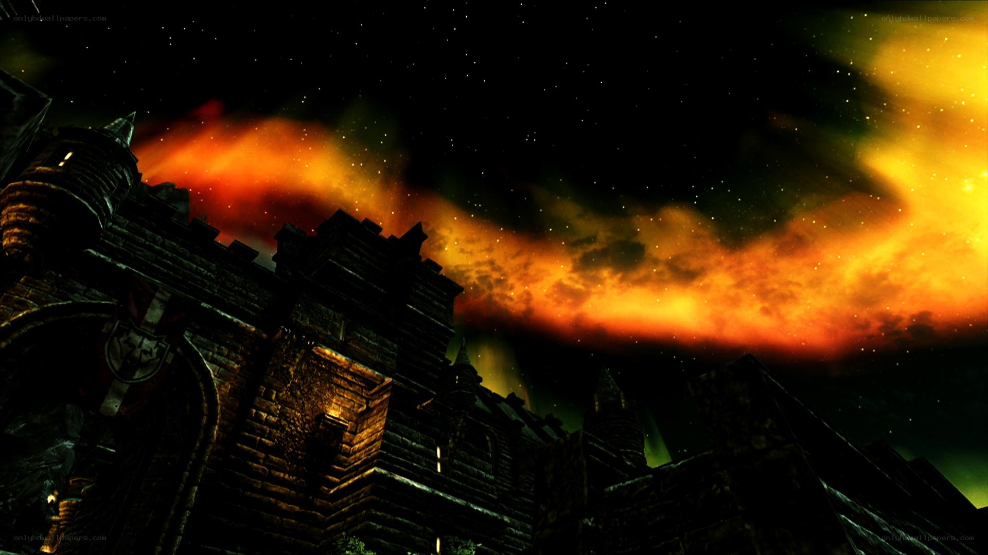 castle under fiery sky