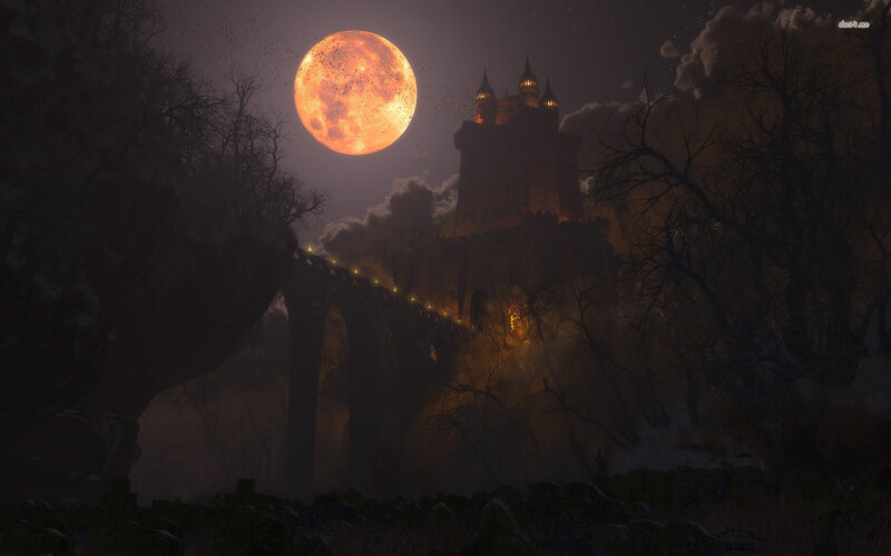 Castle under Full Moon — Orange, Dramatic, Night