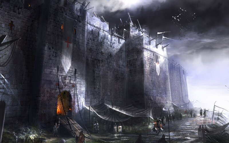 Castle under Siege — Gray, Dramatic, Night, Digital Art, Soldiers, Banners, Tents