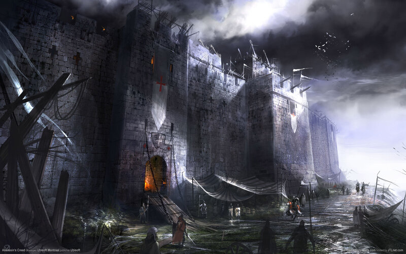 Castle under Siege — Gray, Dramatic, Night, Digital Art, Soldiers, Banners