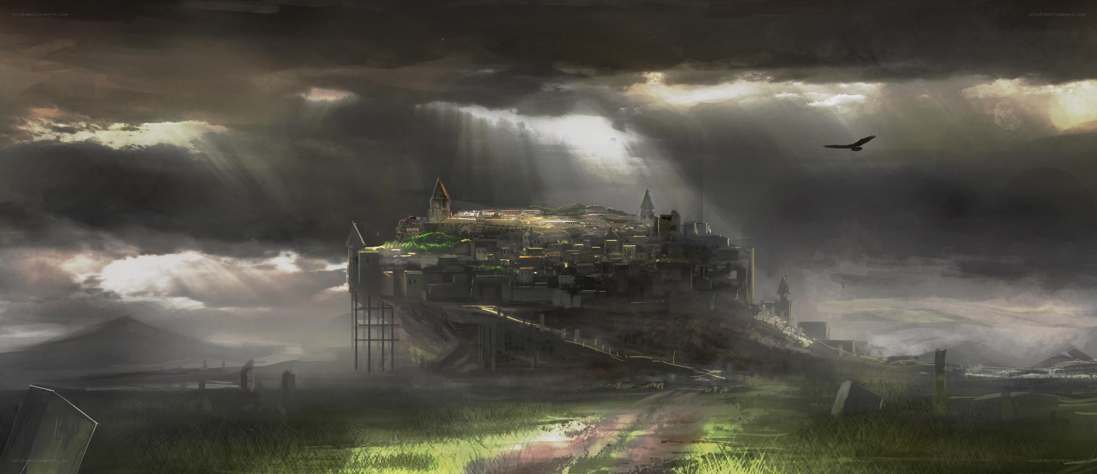Castle under stormy sky