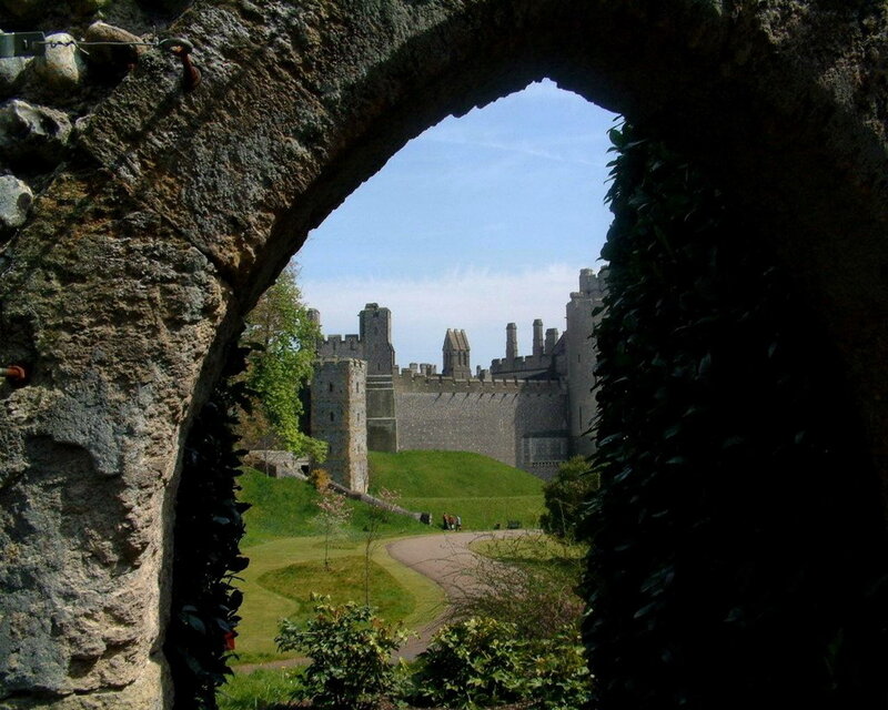 castle view through stone arch