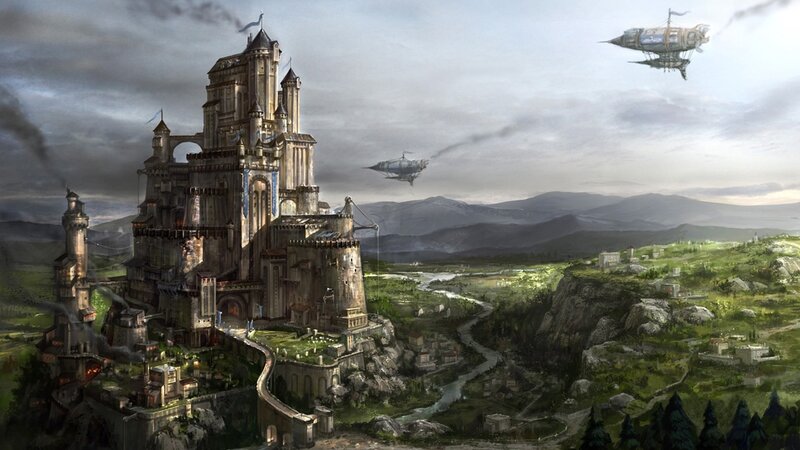 Castle with Airships — Gray, Dramatic
