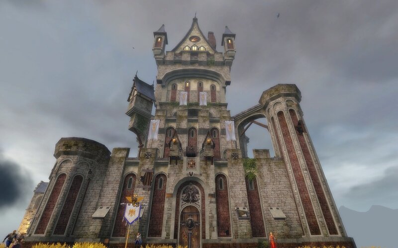 castle with banners and guards