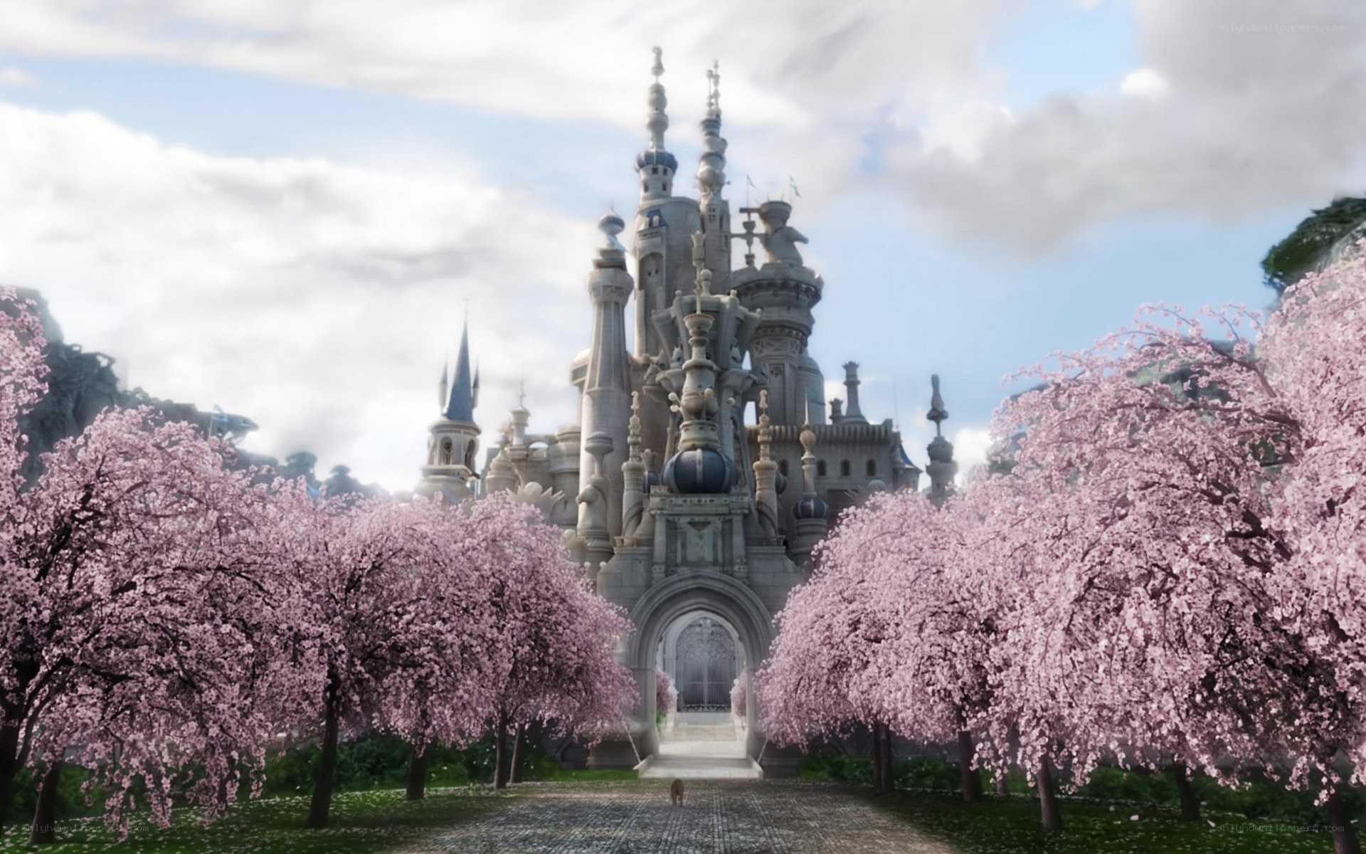 castle with cherry blossom trees