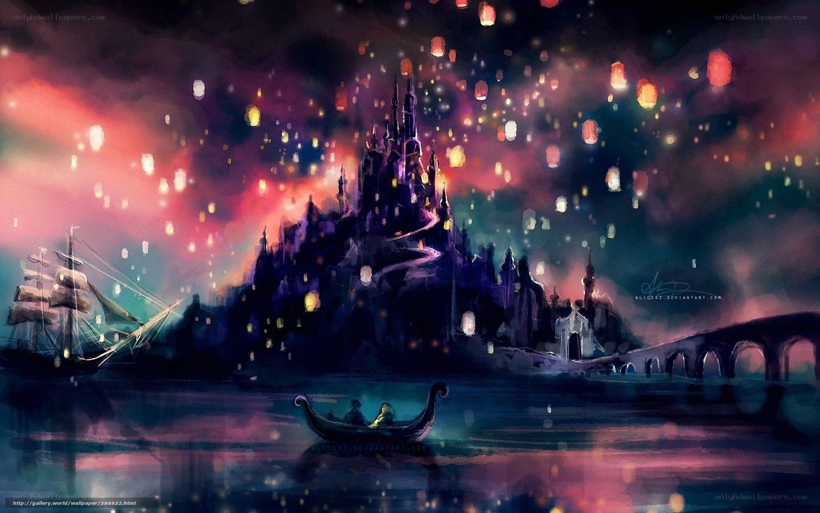 Castle with floating lanterns