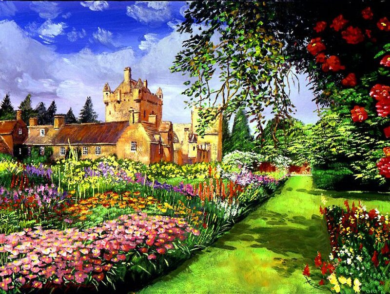 Castle with Flower Garden — Green, Serene, Afternoon, Painting
