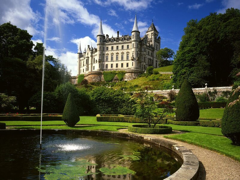 Castle with fountain and gardens
