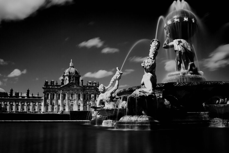 Castle with fountain in black and white