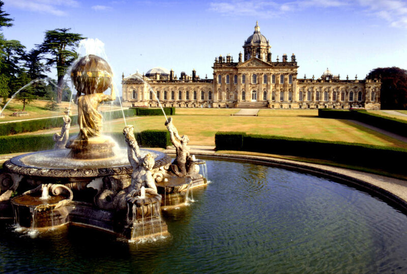 Castle with fountain in garden