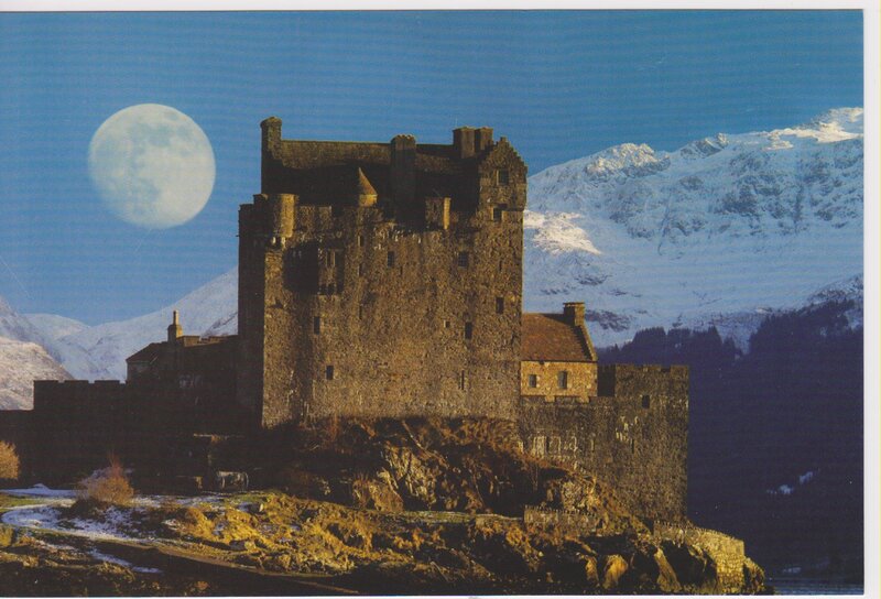 Castle with full moon and mountains
