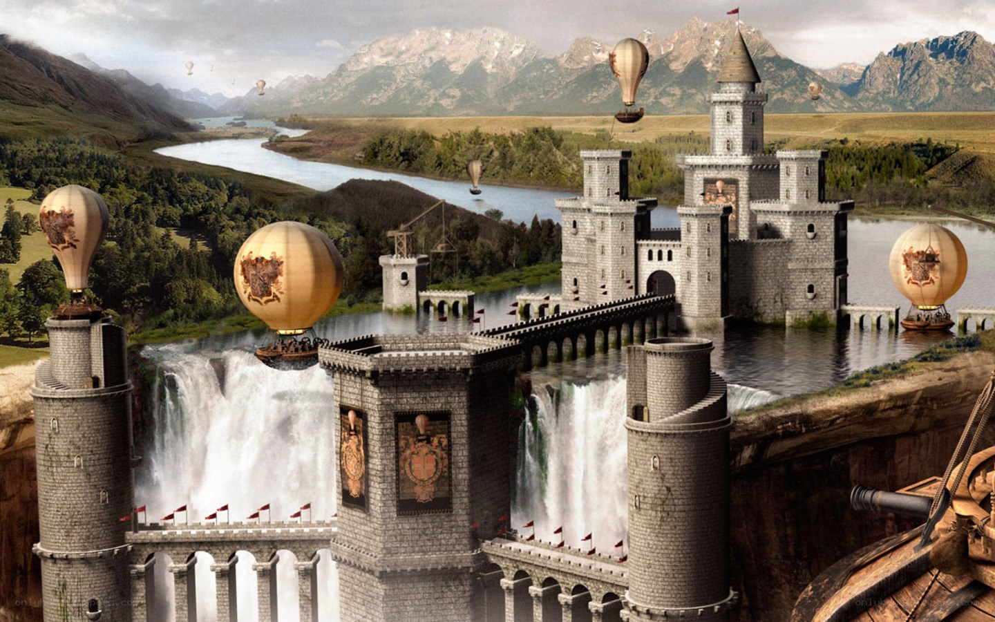 castle with hot air balloons