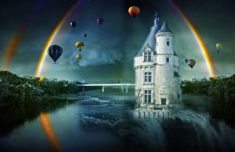 Castle with Hot Air Balloons — Blue, Fantastical