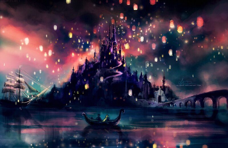 Castle with lanterns at night