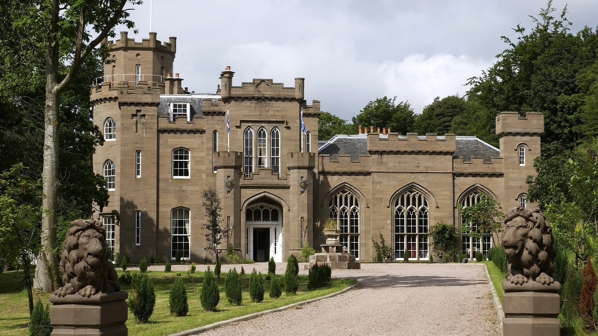 castle with lion statues