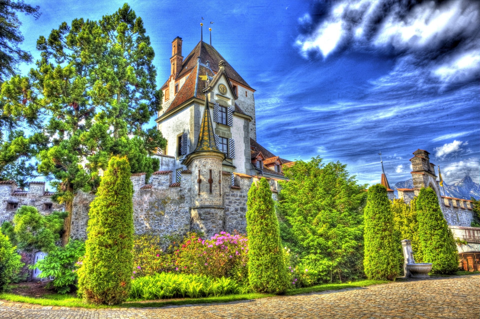 Castle with lush gardens