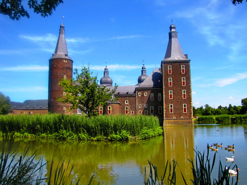 Castle with Moat — Blue, Serene, Afternoon, Photograph, Ducks