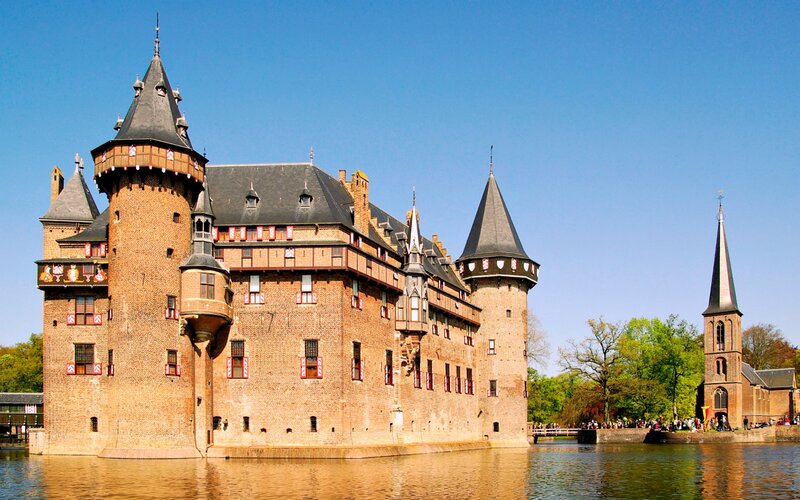 Castle with Moat — Blue, Serene, Afternoon, Photograph, Tower