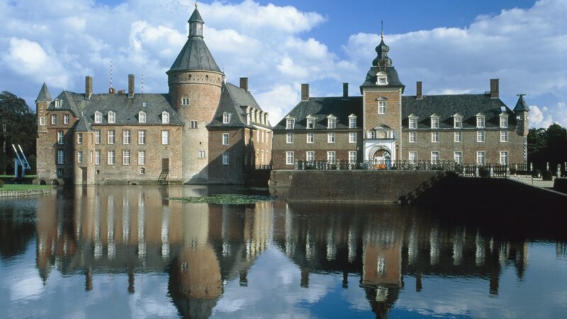 Castle with Moat — Blue, Serene, Afternoon, Photograph, Towers, Bridge