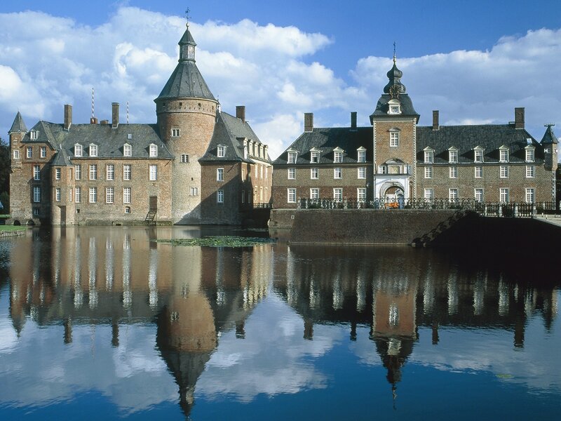 Castle with Moat — Blue, Serene, Afternoon, Photograph, Towers, Sky