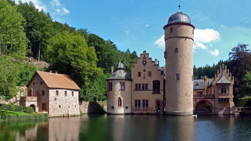 Castle with Moat — Blue, Serene, Afternoon, Photograph, Trees, Tower