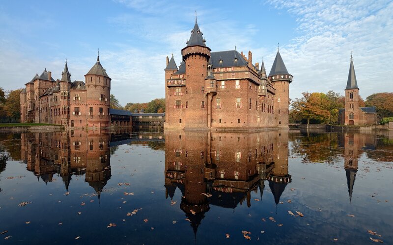 Castle with Moat — Blue, Serene, Autumn, Photograph, Trees