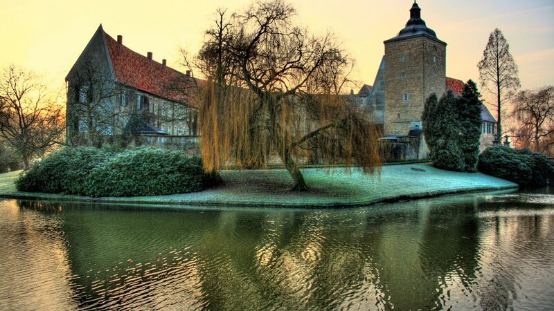 Castle with Moat — Green, Serene, Sunset