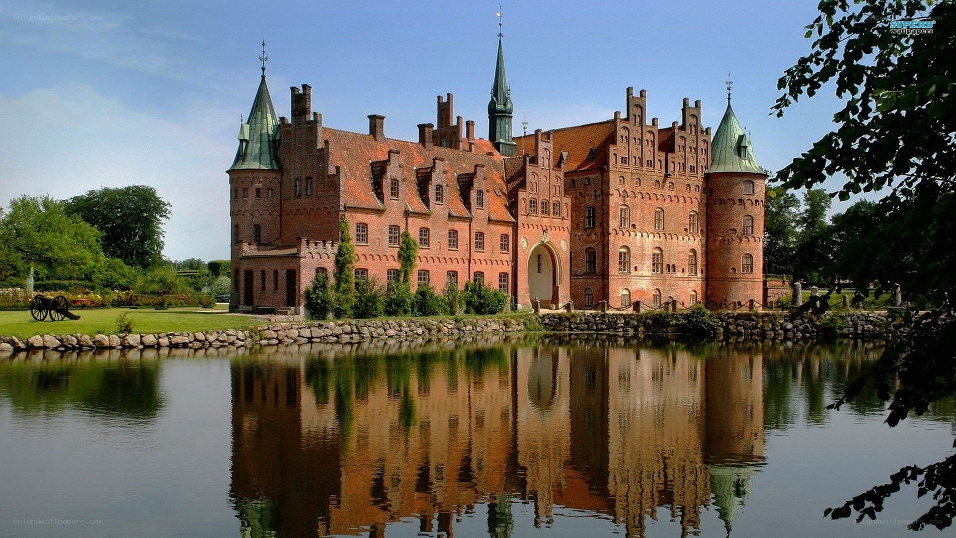 castle with moat reflection