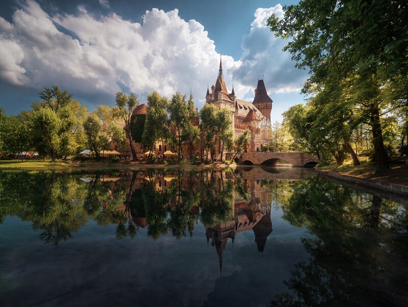 Castle with Pond Reflection — Green, Serene