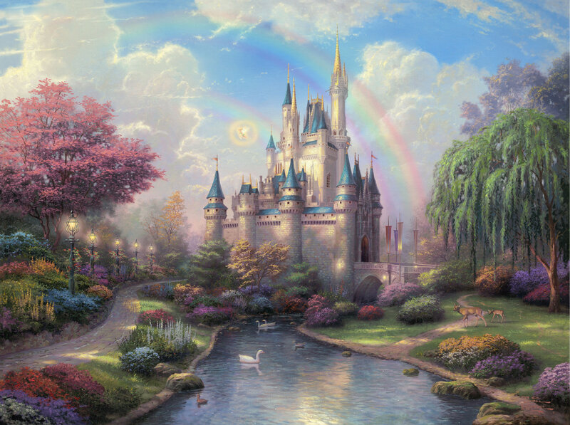 Castle with Rainbow — Blue, Serene, Afternoon, Painting, River