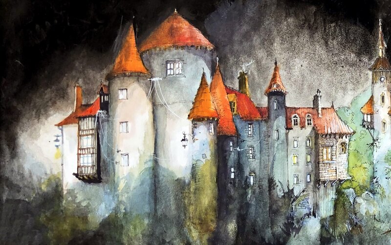 Castle with Red Roofs — Gray, Dramatic