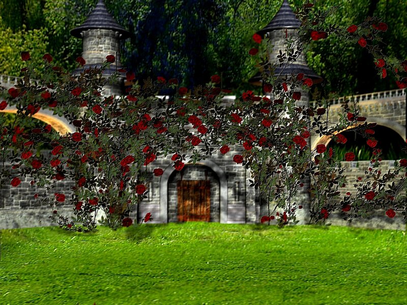 castle with rose archway