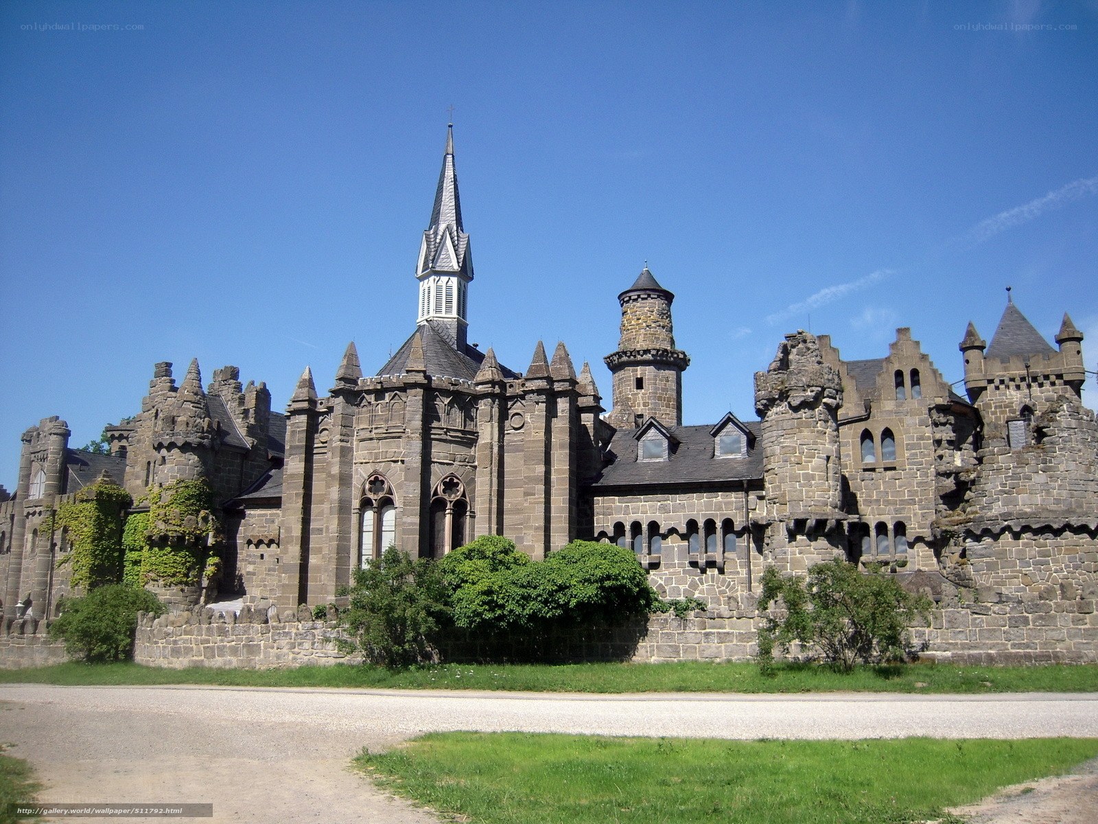 castle with spire and towers