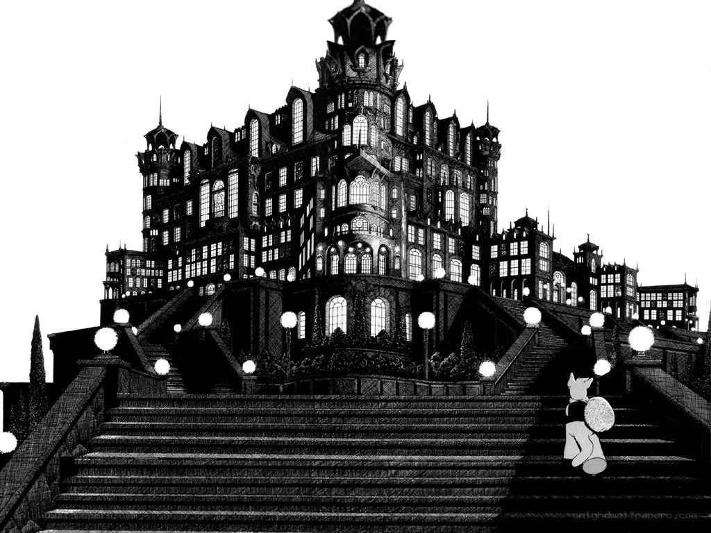 castle with stairs and lanterns
