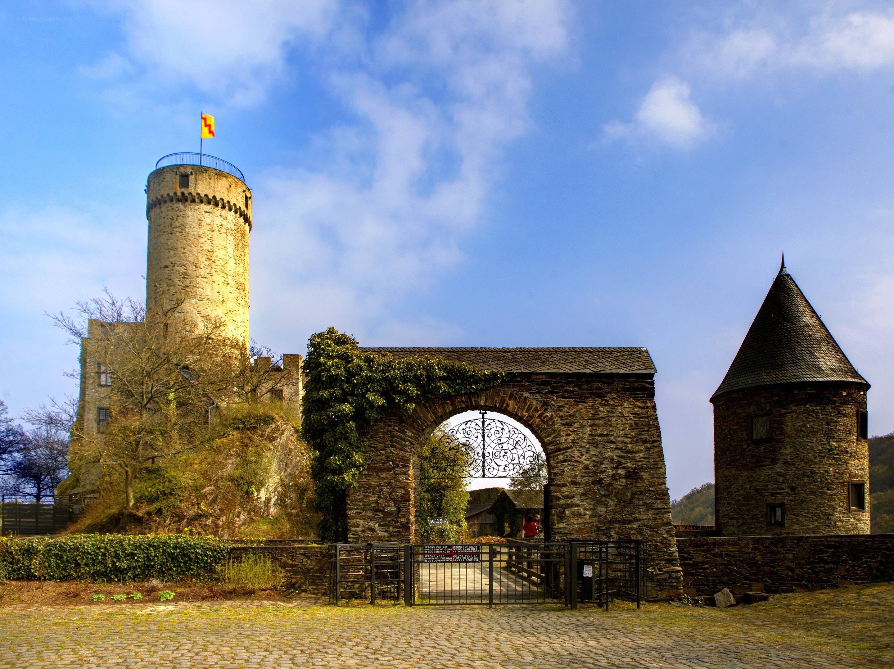 Castle with stone archway and tower