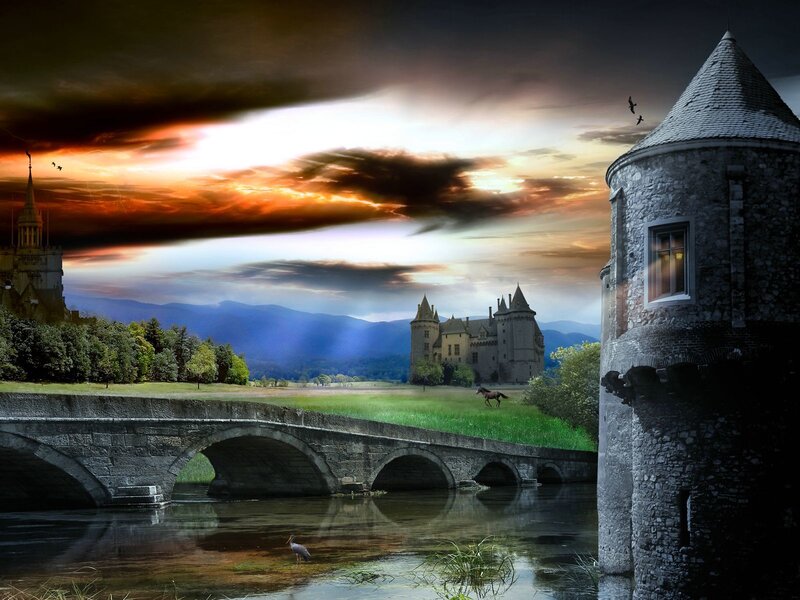 Castle with Stone Bridge — Gray, Dramatic, Sunset, Digital Art, Horse, Bird, Mountains, Green