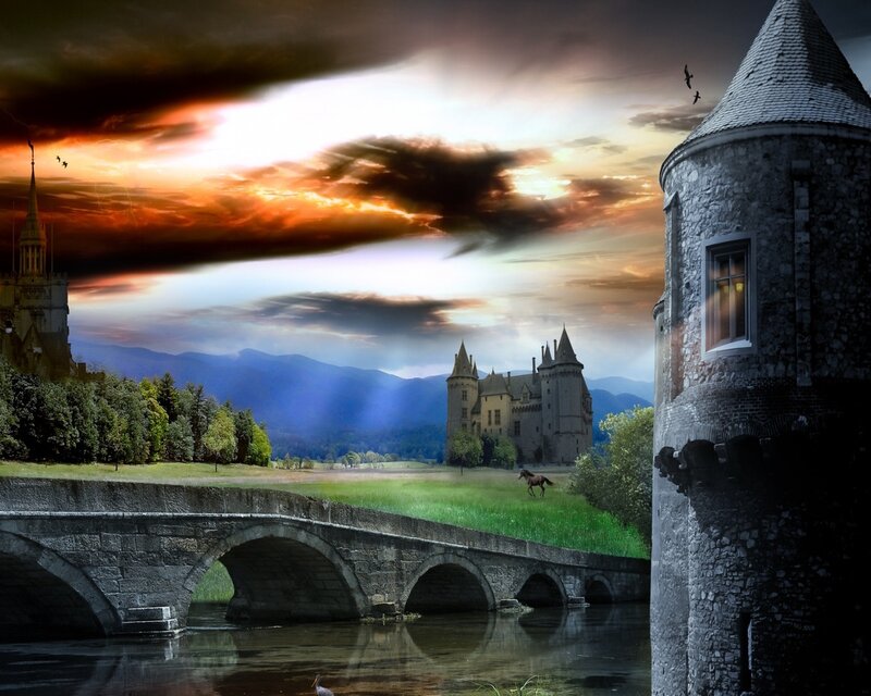 Castle with Stone Bridge — Gray, Dramatic, Sunset