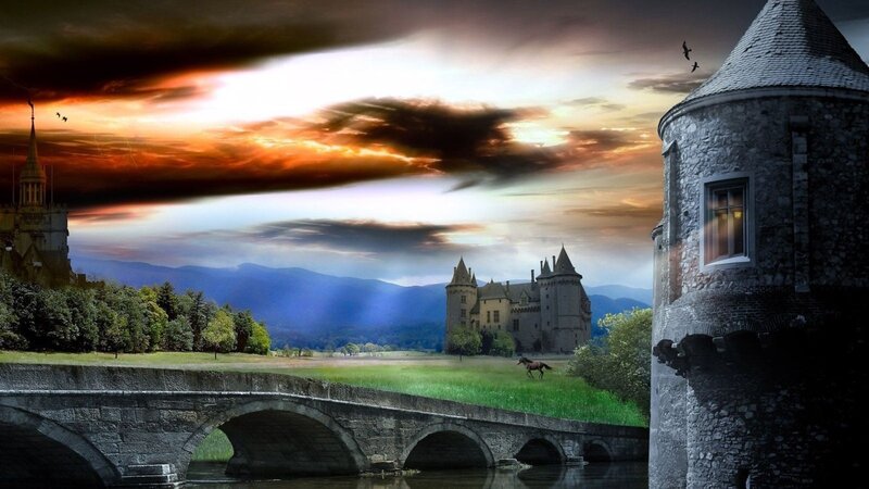 Castle with Stone Bridge — Orange, Dramatic, Sunset