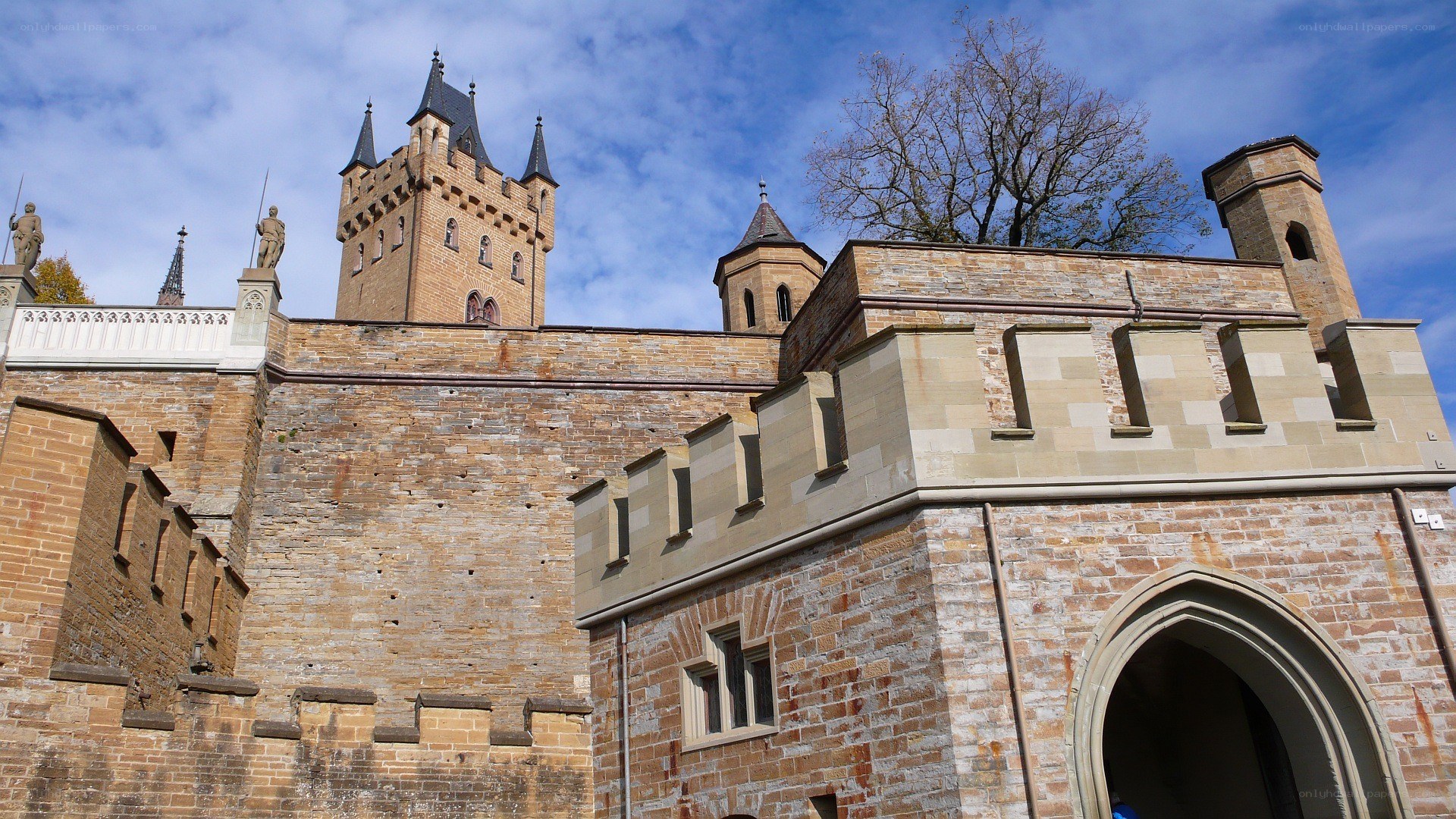 castle with towers and statues
