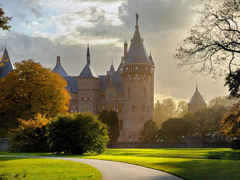Castle with Towers — Green, Serene, Sunset, Photograph, Trees