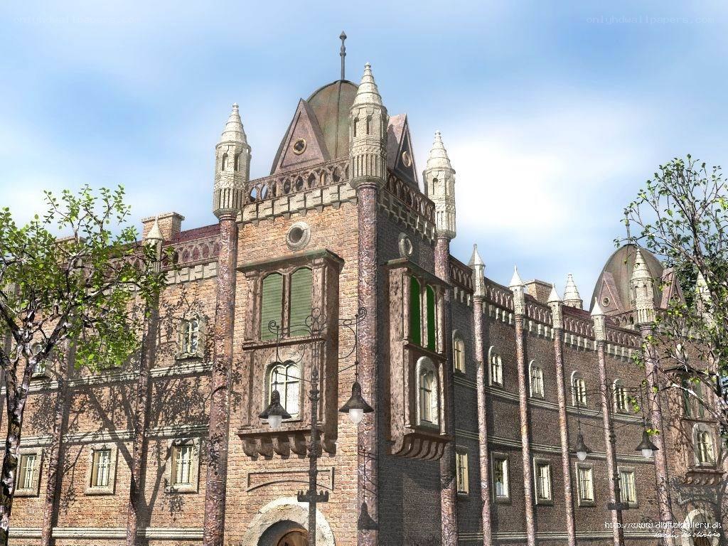 castle with turrets and green windows