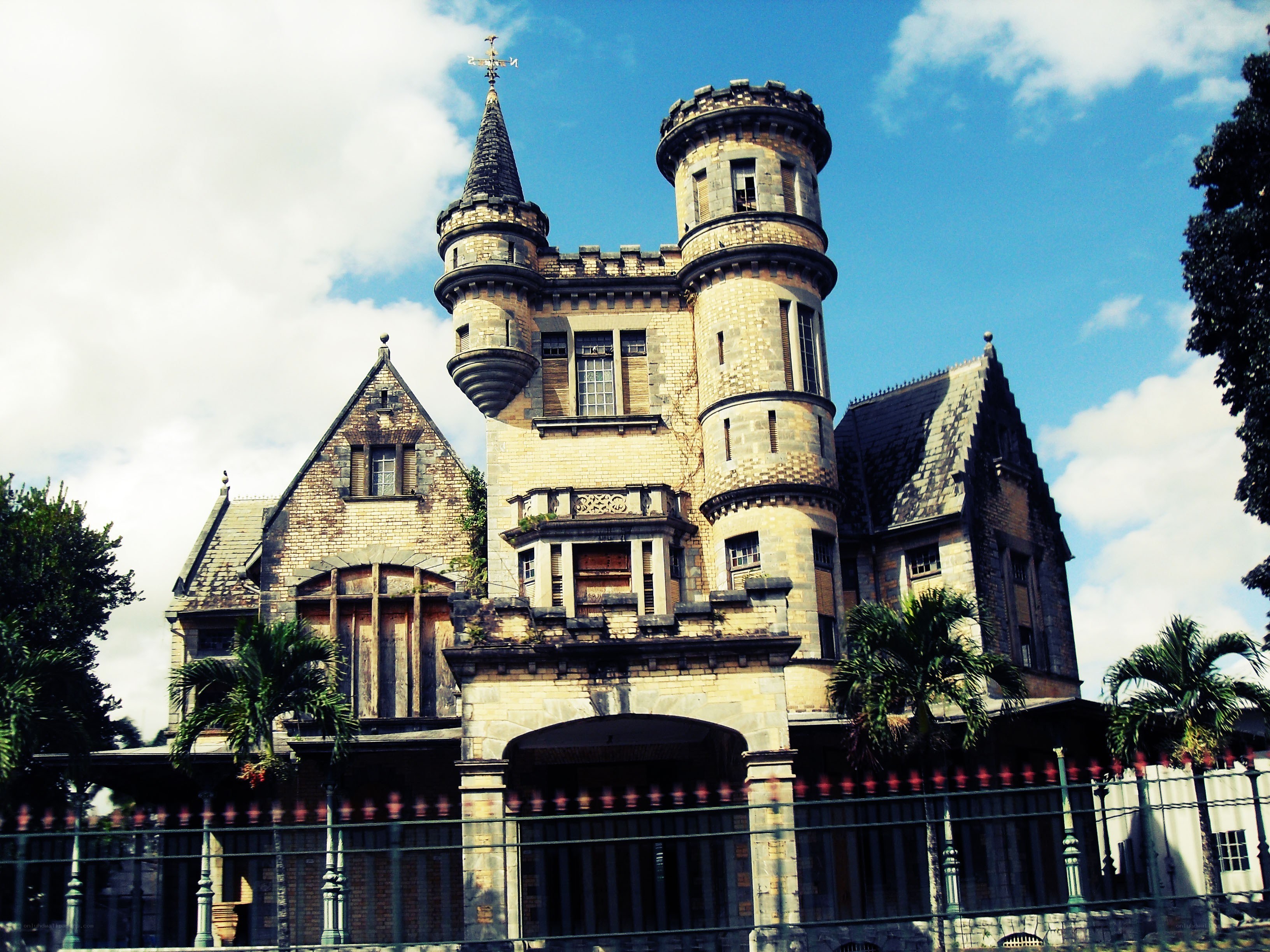 castle with turrets and spire