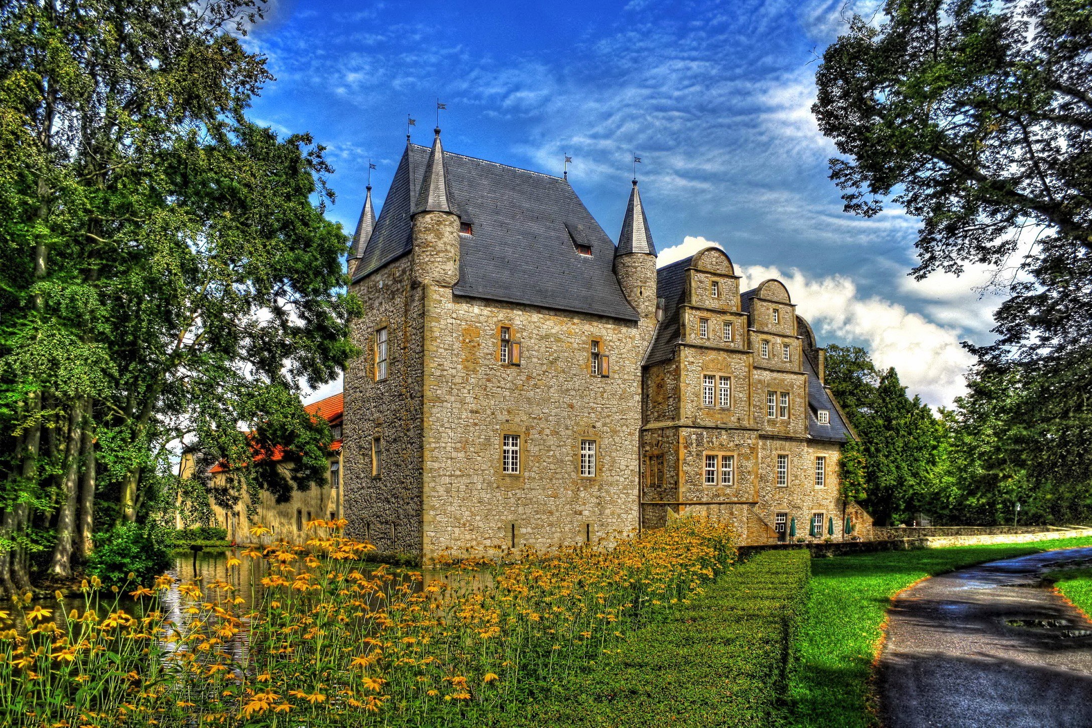 castle with yellow flowers